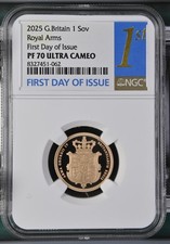 2025 Royal Mint Gold Proof Royal Arms Full Sovereign Merlen Shield NGC PF70 FDI