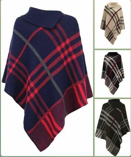 Ladies high neck poncho tartan - neck,