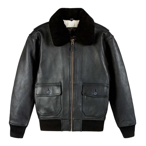 Men black leather bomber - leather,