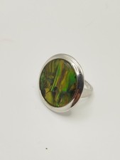 Gold Green Round Paua Abalone Shell Elegant  Silver Plated Ring size O