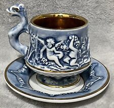 Capodimonte Italy Vintage Cherub Footed Tea Cup & Saucer Blue White Gold 8cm