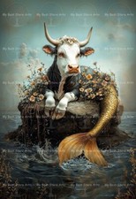 CUTE MERMAID COW ART PRINT, Cottagecore Poster, Funny Sea Creature Decor E887