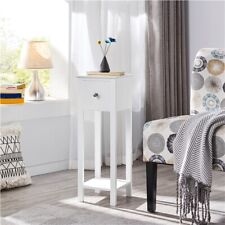 White Tall Narrow Nightstand Bedside Table w/ Drawer & Shelf for Bedroom, Modern