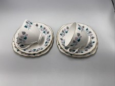 2 x Royal Vale 7775 Teal Leaves Pink Berries Gold Trim Cup/Saucer/Side Trios A