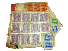Indian Stamps Asoka Pillar Stamps Purple Green Blue Red on Old Postage Cloth