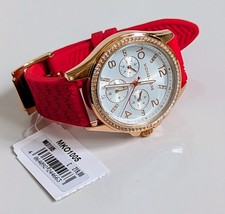 New Michael Kors Ladies 36mm Pilot Watch MKO1005 | Rose Gold Bezel & Red Strap