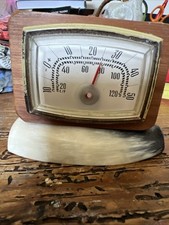 Vintage Desk Top Barometer Horn Mounted 4” Long Wooden Backed Plastic Face