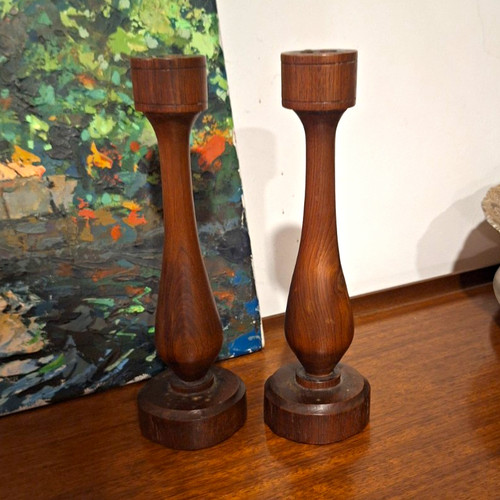 Pair wooden candlesticks - pair,