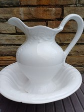 Large White Embossed Ceramic Vintage Jug And Wash Basin