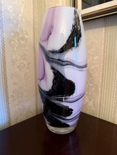 large hand blown heavy art glass oval vase purple white black  swirl
