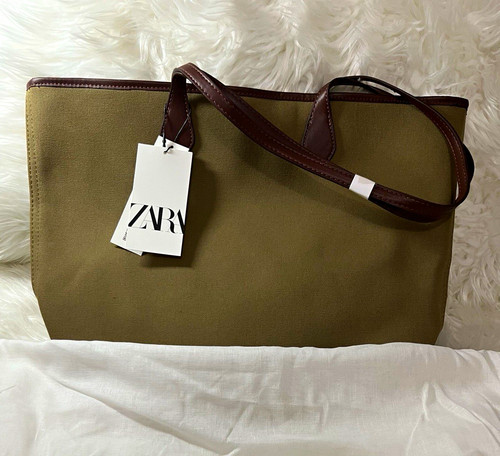 Zara khaki canvas medium tote - canvas,