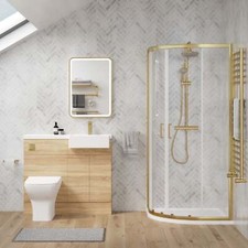 Complete 1100mm Oak Vanity WC Unit Brass Offset Quad Shower Suite LH 1200x900