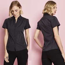 Womans Chambray Charcoal Fitted Shirt Blouse Short Puff Sleeves Office Smart