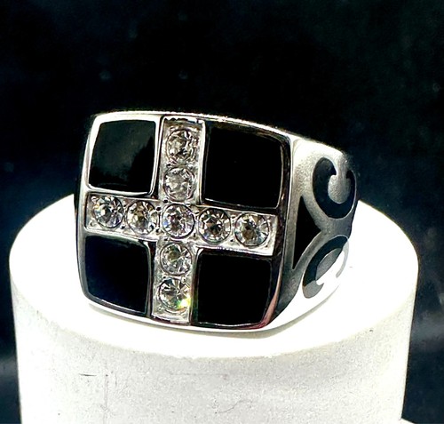 Mens cross ring black silver