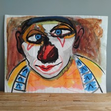 Original Painting Portrait Man Circus Clown FK Owen Gouache Bright Abstract Face