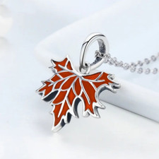 925 Silver Maple Leaf Pendant - Orange Enamel Detail
