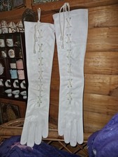 Cool Vintage Pair Of White Long Lace Up Leather Opera Gloves Size 9