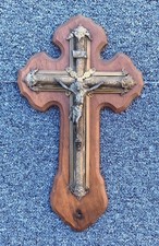 Antique Vintage Oak And Brass Crucifix Cross Wall Plaque Christ Jesus 35cm Long