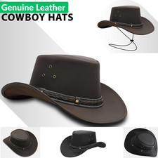 100% Real Leather Cowboy Hat Men Australian Western Style Crazy Horse Bush Hat