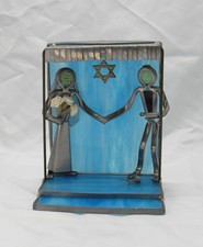 VTG Stained Glass Jewish Wedding Couple Under Chuppah - Preowned Blue Glass