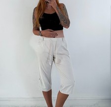 Ladies Stone Beige Cropped Drawstring 100% Cotton Summer Trousers Size 10