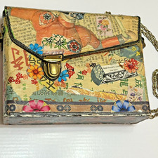 Cartoons & Chinese Writing Vintage Artist Box Purse Paper Mache Long Chain Boho