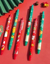 Set of 6 Christmas Themed Pens Retractable Biro Black Ink Xmas Pen