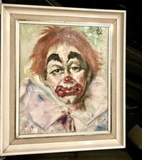 Clown Oil Painting Portrait Circus Sad Hobo Vintage /mid Century Circus Framed