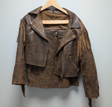 Vintage Cropped Fringe Brown Leather Jacket with Matching Mini Skirt