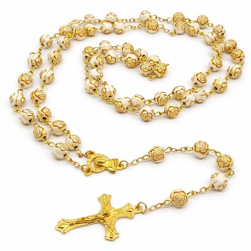 Rose bead rosary necklace - rose,