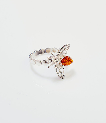 Amber bee ring - -, sterling