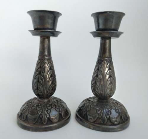 Pair vintage pewter candle - vintage,