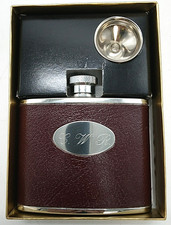 Vintage Lichfield Leather Stainless Steel Hip Flask w/Box & Funnel - Engraved