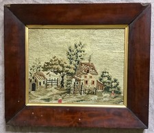19th century woolwork picture of  a farmyard  scene