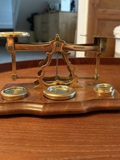 Brass And Wood Postal Scales With Weights