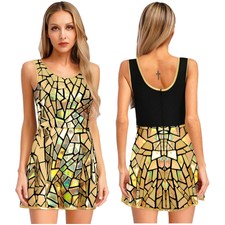 UK Womens Sparkly Mirror Sequin Mini Dress Sleeveless Rave Cocktail A-line Dress