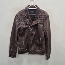 Allsaints Conroy Brown Leather Bomber Punk Rock Biker Moto Jacket Size Medium 