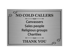 No Cold Callers Sign 15 x 10 cm | Brushed Silver Metal Door Plaque | Adhesive