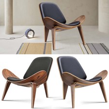 Hans Wegner Style Shell Chair Side Lounge Chair Tripod Design Leather Solid Wood