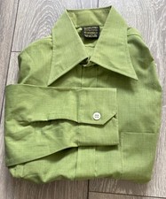 VTG mens 70's BUGELFREI GREEN POLY/COTTON DAGGER COLLAR SHIRT 40" NEW