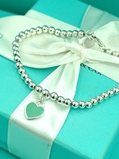Return To Tiffany & Co Blue Enamel Heart On Mini Bead Bracelet 6.75"-7" Medium