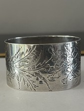 Antique London 1893s Edward Hutton silver 925 napkin ring engraved fern decor 