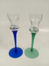 2 Vintage Green And Blue Twisted Glass Candle Holders 7" Tall Good Condition