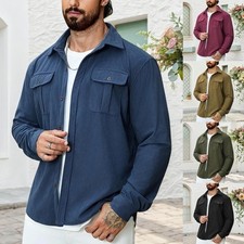 Mens Casual Shirts Corduroy Long Sleeve Shirt Collar Cotton Jacket Top M-3XL