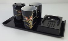 Vintage Japanese Bathroom Set 5 Piece Black Lacquered Floral Detail Interiors