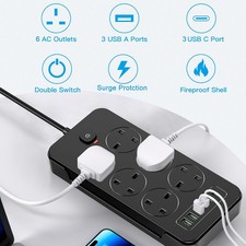 Extension Lead with 6 USB C Cable Electric Plug Socket UK Mains Power 6 Gang Way