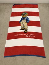 Polo Ralph Lauren 100% Cotton Chambray Bear Logo Bath Beach Towel White Multi