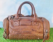 SUPERDRY BROWN LEATHER STUDDED TWIN HANDLE SMALL SATCHEL HANDBAG SHOULDER BAG