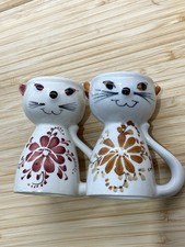 Vintage MCM  Secla Portuguese Ceramic Cat Egg Cups Hand painted Mid Century Pair