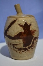 Studio Pottery Jam Jelly Honey Pot Jar Viking w Sword  (? Thor ?)  Signed KR 4"